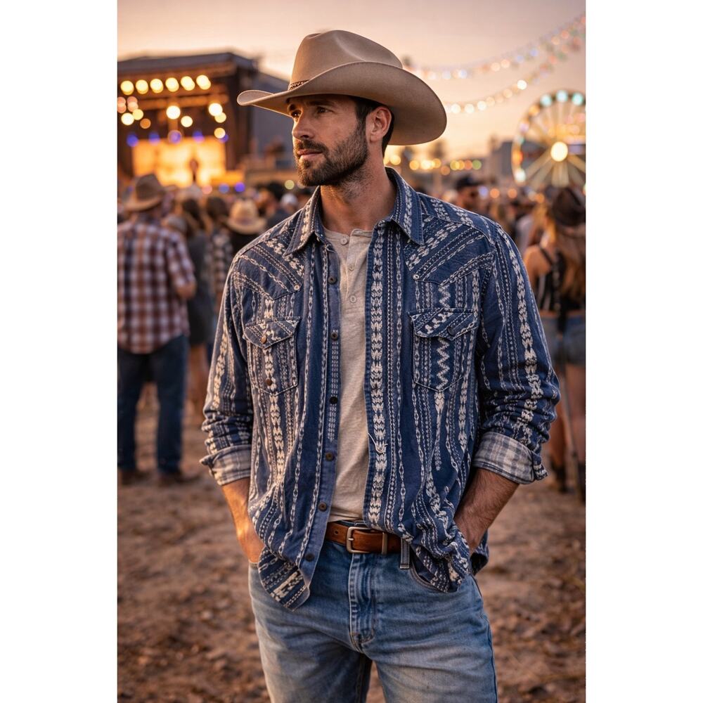 Cody James Blue Western Shirt XL Aztec Snap Button Cowboy Ranchwear Festival